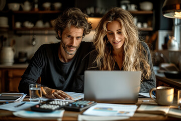 Caucasian couple sitting at a kitchen table, looking at a laptop screen, smiling, documents and calculator on the table