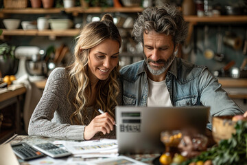 Caucasian couple sitting at a kitchen table, looking at a laptop screen, smiling, documents and calculator on the table - obrazy, fototapety, plakaty