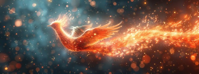A digital phoenix rising from the ashes of a cyber attack, rejuvenated by GenAI, symbolizing resilience and renewal in cybersecurity. - obrazy, fototapety, plakaty