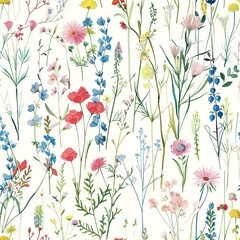 Seamless floral pattern with watercolor wildflowers. Blooms ideal for textiles, wallpapers and stationery. Botanical art