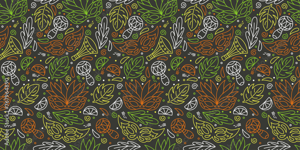 Poster brazilian motif, pattern of carnival objects. repeating festive brazilian pattern.