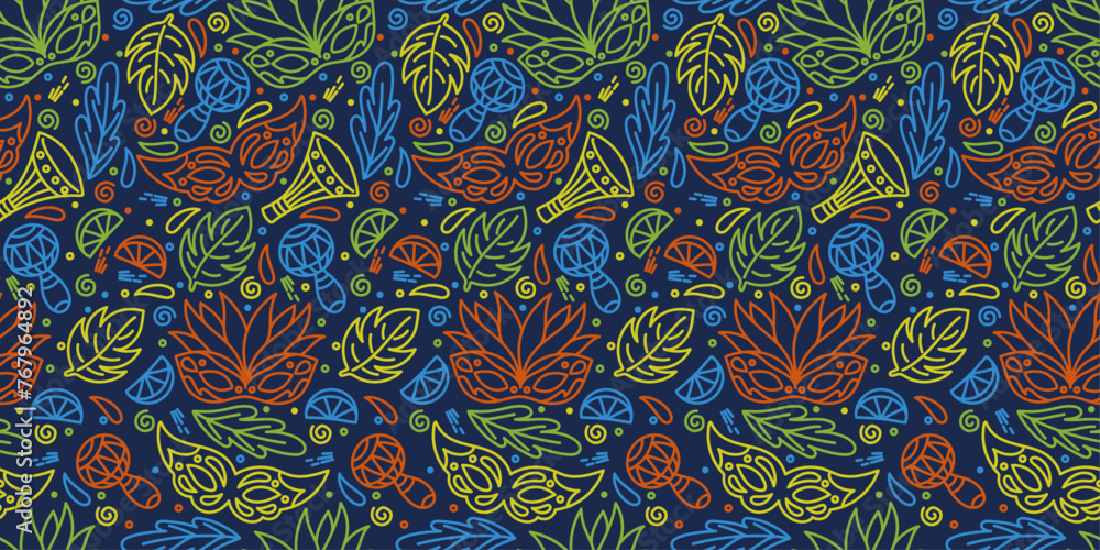Poster brazilian motif, pattern of carnival objects. repeating festive latin pattern.