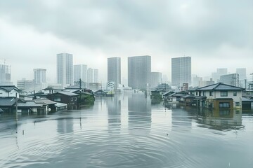 Fototapeta na wymiar Japanese coastal city flooded due to rising sea levels from melting glaciers a consequence of climate change. Concept Climate Change Impacts, Rising Sea Levels, Melting Glaciers, Coastal Flooding