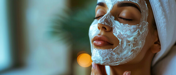 Spa Serenity facial Mask Indulgence. Woman in a serene spa setting with a facial mask