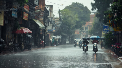 People with umbrellas on motorbikes in rainy street. - obrazy, fototapety, plakaty