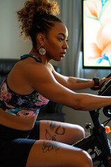 Fototapeta na wymiar Woman engaging in an online fitness class with a stationary bike