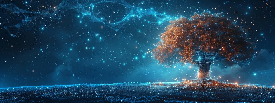 A digital tree with branches representing network connections, secured by GenAI, set against a starry night sky, leaving room for text.