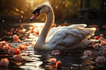 Stunning swan in water tricks!, generative IA - obrazy, fototapety, plakaty