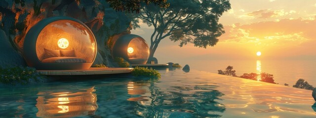 A digital wellness retreat, combining serene 2D nature backgrounds with 3D meditation pods and virtual tranquility experiences. - obrazy, fototapety, plakaty