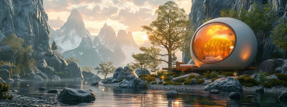 A digital wellness retreat, combining serene 2D nature backgrounds with 3D meditation pods and virtual tranquility experiences.
