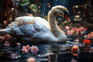 Fotobehang Night swan in magical scenario., generative IA © JONATAS