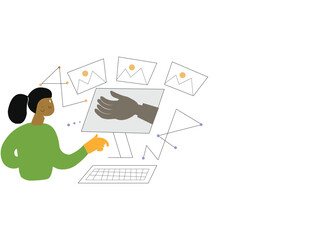 Woman works at computer desk. Happy person employee at desktop PC, table. Worker working at workplace, typing, surfing internet, using technology. Flat vector illustration isolated on white background