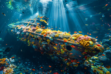 An underwater scene with a sunken ship covered in coral and marine life, illuminated by a diver's light - obrazy, fototapety, plakaty