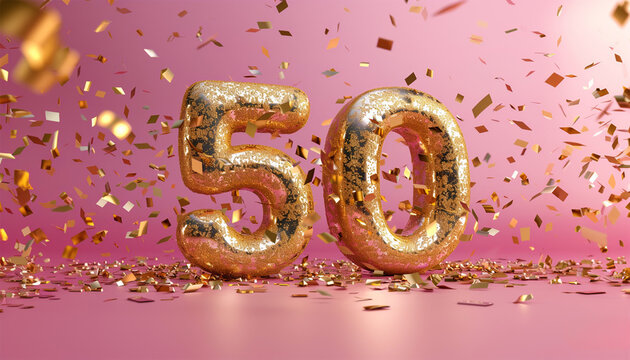 Number 50 gold numbers. Elegant Greeting celebration fifty years birthday. Anniversary number 50 foil gold balloon. Happy birthday, congratulations poster. Golden numbers with sparkling golden 