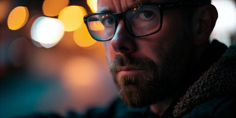 Introspective bearded man in glasses, city night lights blur behind, hinting at deep contemplation