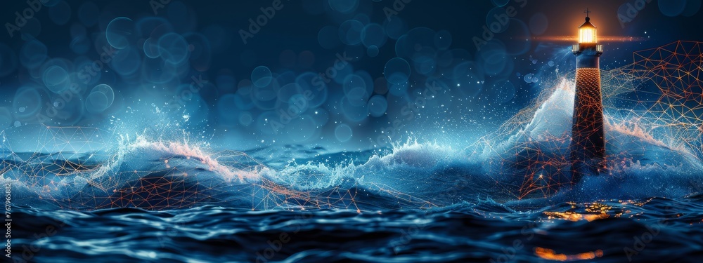 Poster a dynamic image of digital waves crashing against a lighthouse, symbolizing genai's role in guiding 