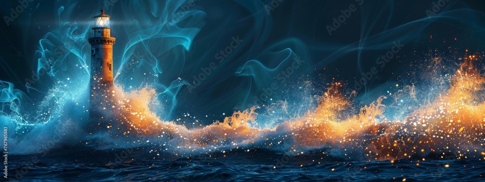 Poster a dynamic image of digital waves crashing against a lighthouse, symbolizing genai's role in guiding 