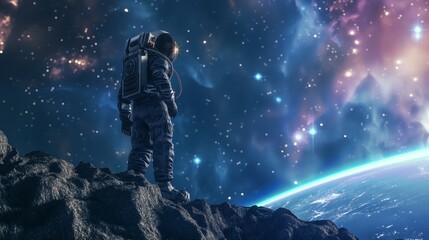 An astronaut stands on a rugged terrain, gazing into the starlit expanse of space above planet Earth.