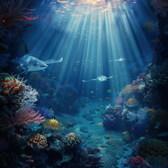 Fototapeta na wymiar Rays in a coral reef with corals and fish.