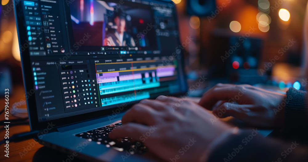 Poster video editing software interface on a laptop screen, hands of a video editor using a professional di