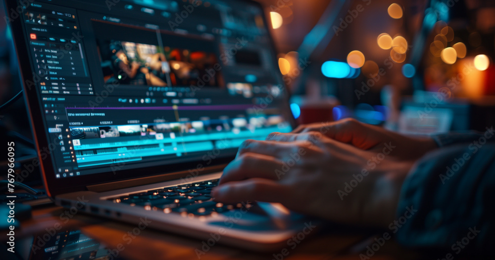 Aufkleber video editing software interface on a laptop screen, hands of a video editor using a professional di