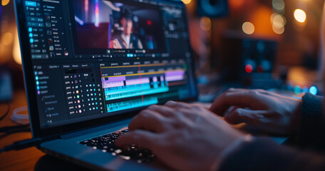 video editing software interface on a laptop screen, hands of a video editor using a professional...