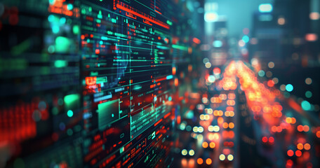 Closeup of video editing software interface with green and red color code, showing data visualization in motion on the screen. Blurred background city light
