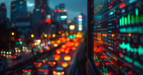 Closeup of video editing software interface with green and red color code, showing data visualization in motion on the screen. Blurred background city light