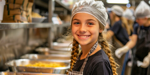 Smiling young girl wearing an apron and gloves helping in a food preparation line with other volunteers in the background - obrazy, fototapety, plakaty