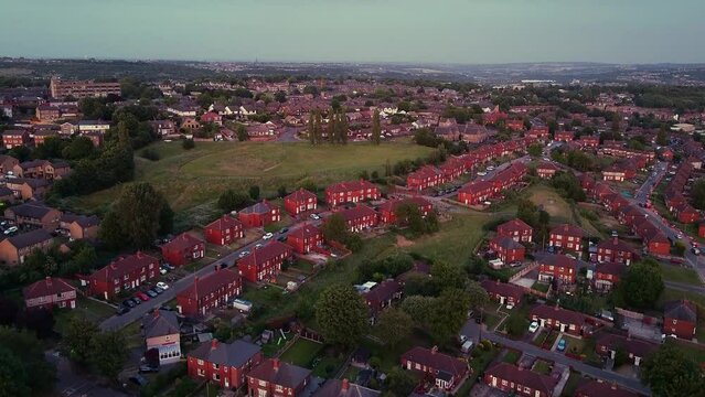 Drone footage of the British UK town of Chapeltown in West Yorkshire on a bright sunny day