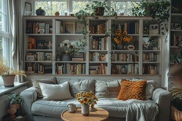 A living room with a grey sofa, white bookcase, and coffee table in front of the window.