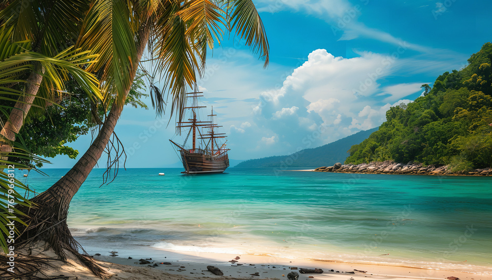 Poster A pirate ship anchored near a tropical island - its crew members disembarking to explore the lush paradise for hidden treasure wide