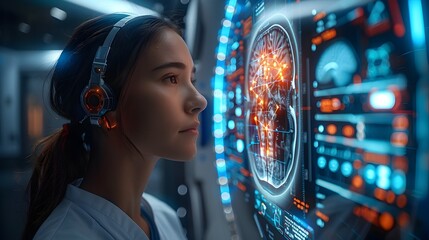 A woman wearing a headset is looking at a computer monitor displaying a brain