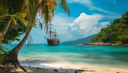 A pirate ship anchored near a tropical island - its crew members disembarking to explore the lush paradise for hidden treasure wide