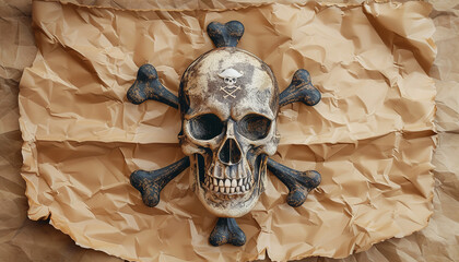 A detailed illustration of a pirate skull and crossbones set against an aged parchment background...