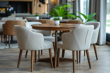 A round table with four chairs, many chairs around a table in a room