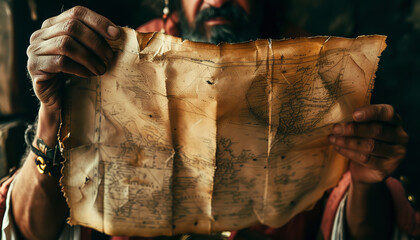 A pirate holding a weathered map scrutinizes the landscape - searching for clues to buried treasure...
