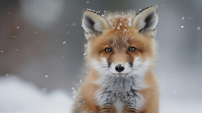Cute fox baby in snow winter, Red Fox in wintertime, Red fox in a winter landscape, Generative Ai
