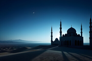 Fototapeta na wymiar Beautifull Mosque Silhouette Background With Copy Space Area