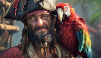 A pirate captain stands confidently with a colorful parrot perched on his shoulder - looking out at...