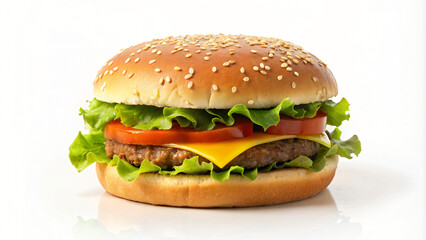 White background showcasing a delicious cheeseburger with lettuce, tomato and sesame seed bun