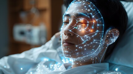 A woman is sleeping with a computerized face on her pillow