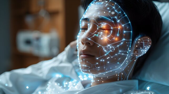 A woman is sleeping with a computerized face on her pillow