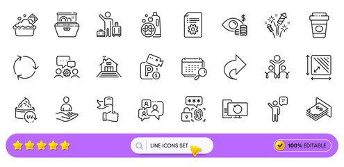 Takeaway coffee, Recovery computer and Engineering team line icons for web app. Pack of Inclusion, Dishwasher, Agent pictogram icons. Parking security, Square area, Support chat signs. Vector