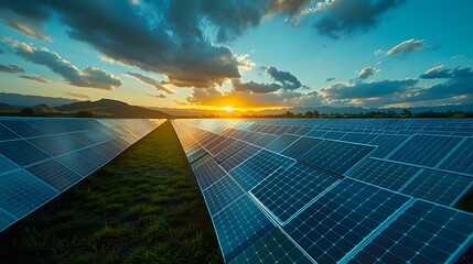 A field of solar panels with a beautiful sunset in the background - obrazy, fototapety, plakaty