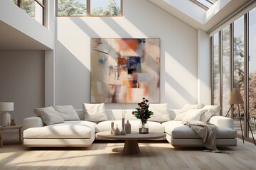 A modern, well-lit living room with stylish furniture and a large abstract painting, showcasing a blend of comfort and art - 767967468