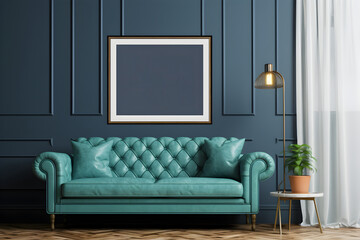 A stylish interior with a teal tufted sofa, contrasting beautifully against a dark blue wall adorned with an empty framed artwork - 767967489