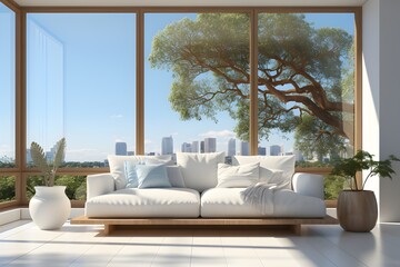 A modern living room with a large window offering a stunning view of a cityscape and an impressive tree, blending urban and natural elements seamlessly - 767967499