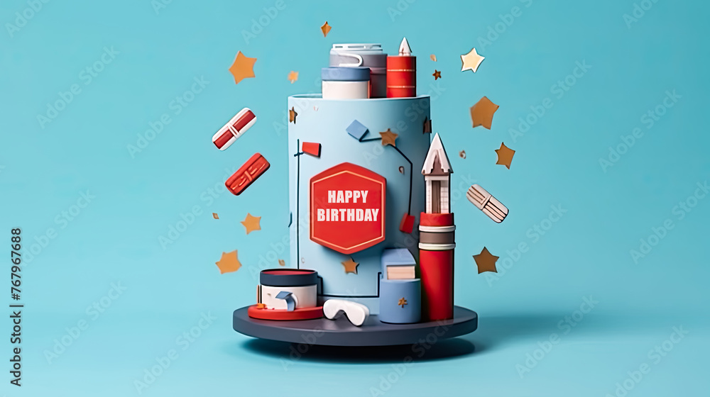 Poster a colorful 3d image of a birthday cake with various objects on it.