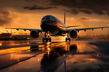 An aircraft on a runway, against the backdrop of a stunning sunset